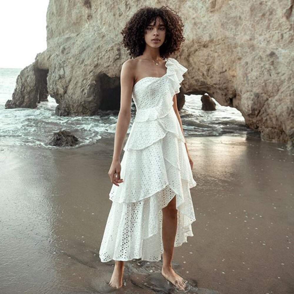 💋UBER GORGE!💋White Floral Crochet One Shoulder Ruffled Asymmetrical Dress - Picture 8 of 16